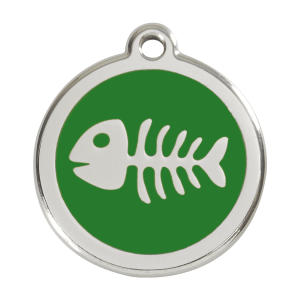 Placa para perro grande con diseño espina de pez verde en esmalte y acero inoxidable
