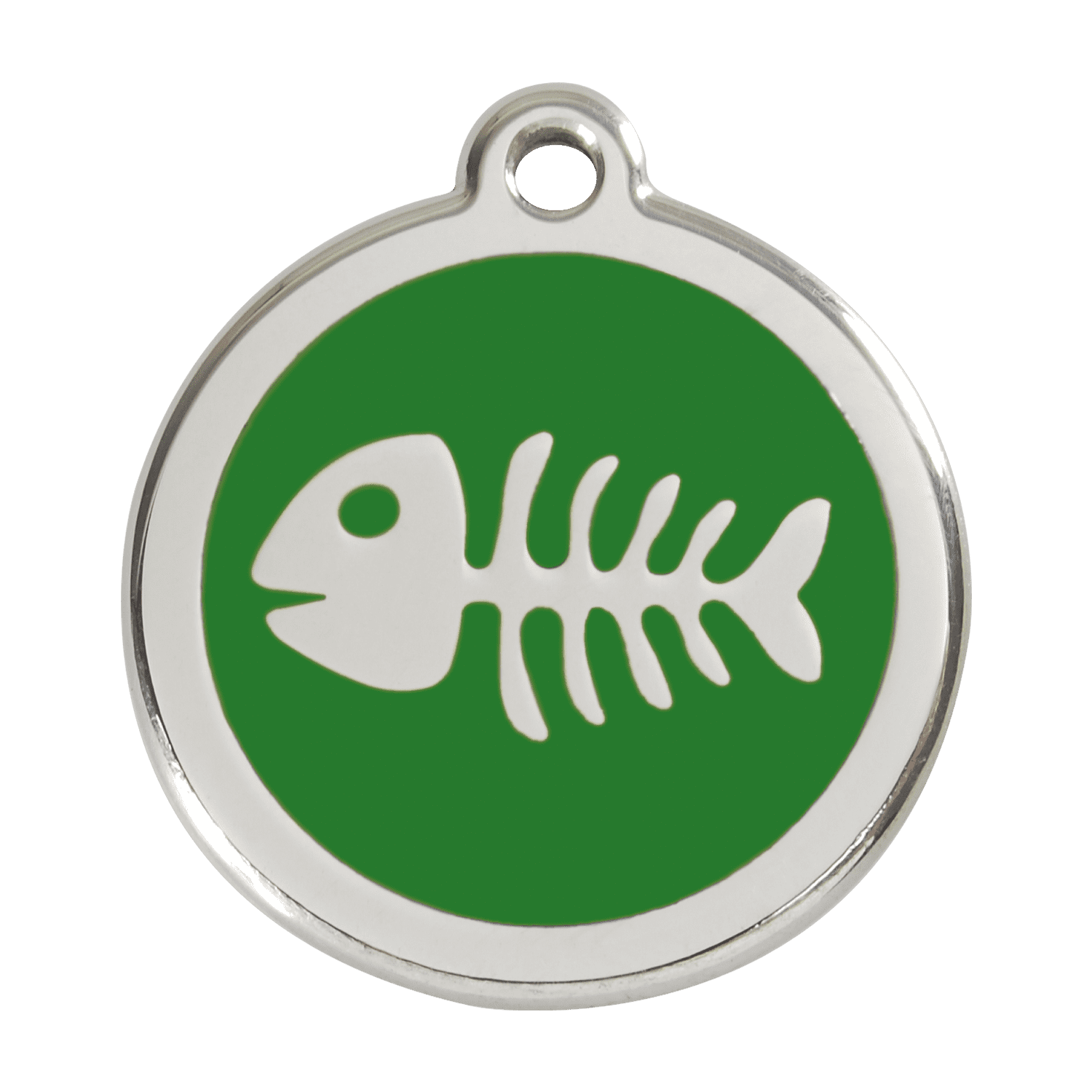 Vue avant - Médaille personnalisée pour chien Red Dingo Émail et acier inoxydable - Squelette de poisson - Vert - Talla L