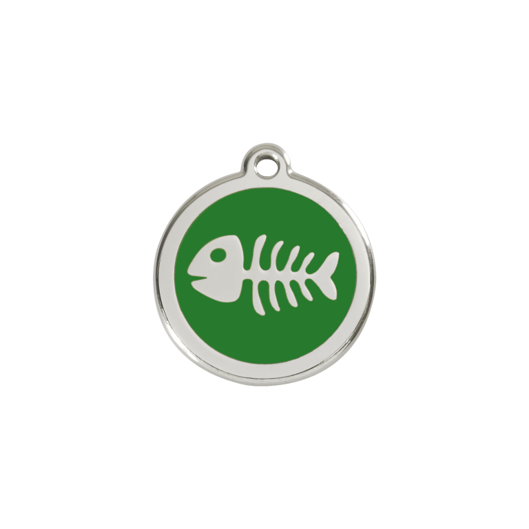 Vue avant - Médaille personnalisée pour chien/chat Red Dingo Émail et acier inoxydable - Squelette de poisson - Vert - Talla S
