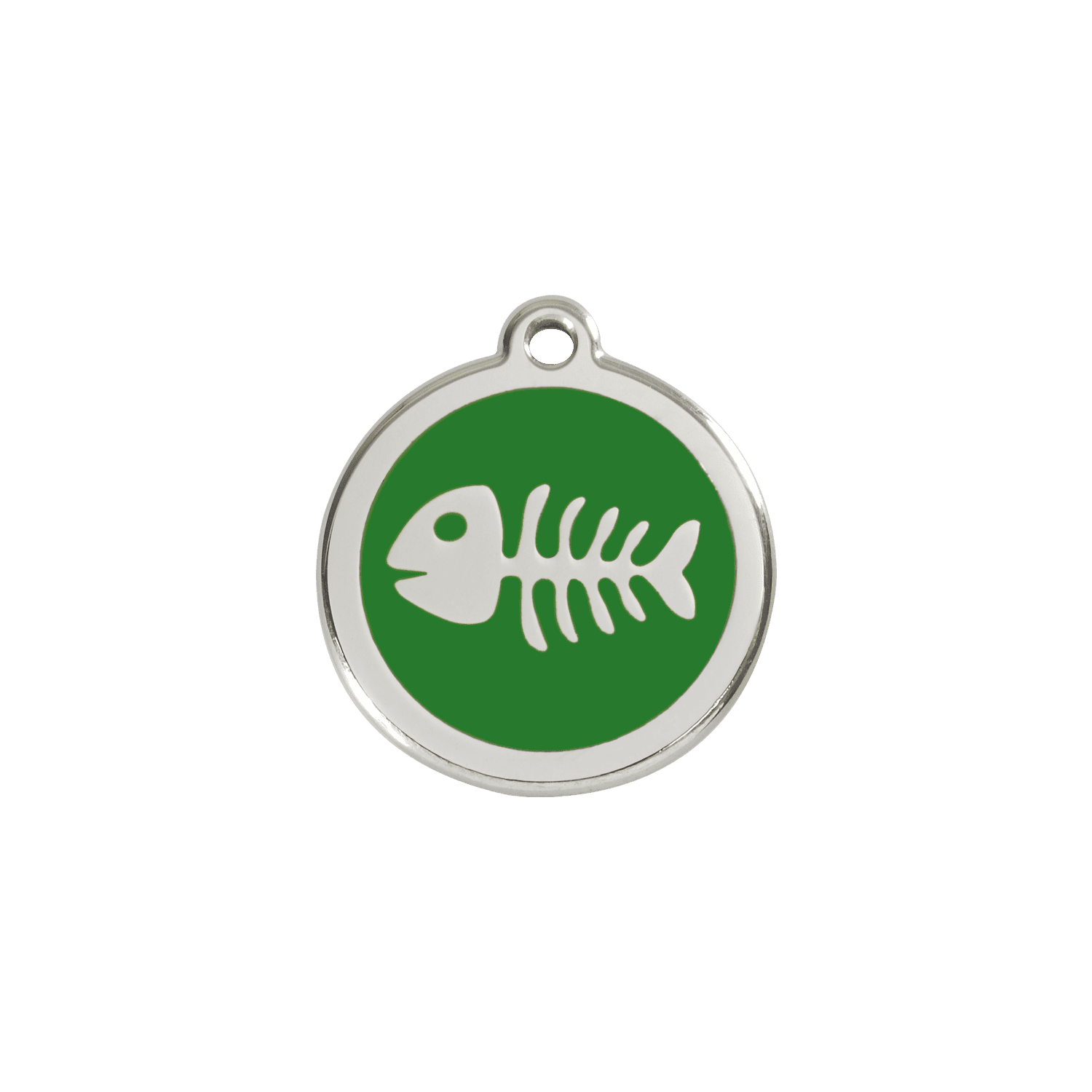 Vue avant - Médaille personnalisée pour chien/chat Red Dingo Émail et acier inoxydable - Squelette de poisson - Vert - Talla S