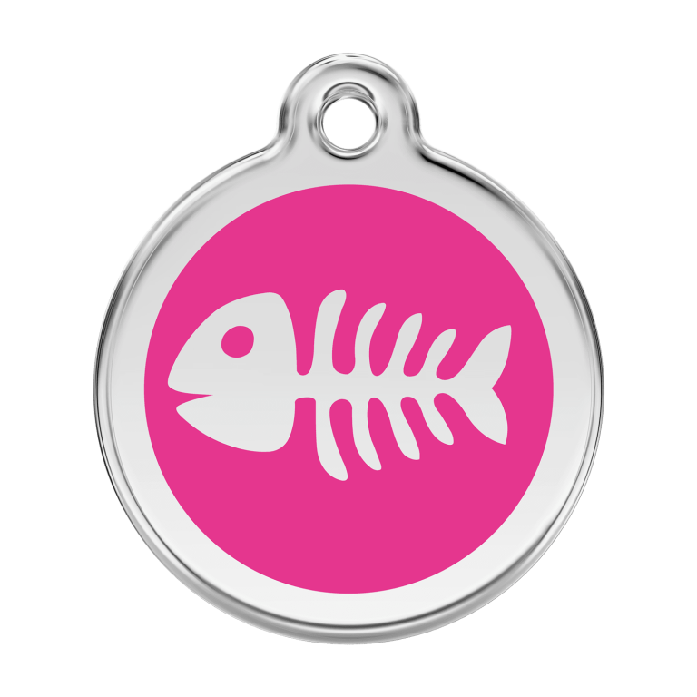 Vue avant - Médaille personnalisée pour chien Red Dingo Émail et acier inoxydable - Squelette de poisson - Rose vif - Talla L