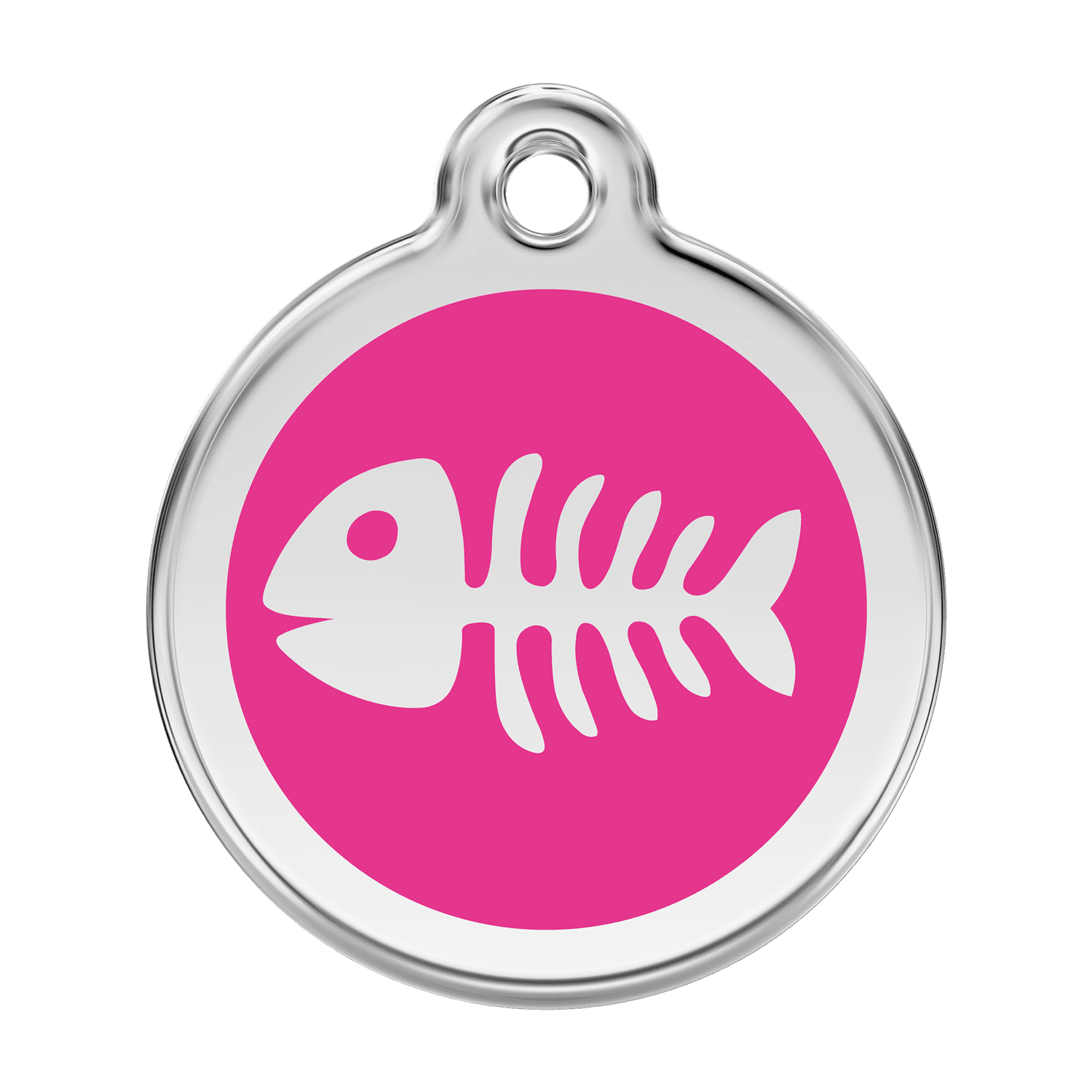 Vue avant - Médaille personnalisée pour chien Red Dingo Émail et acier inoxydable - Squelette de poisson - Rose vif - Talla L