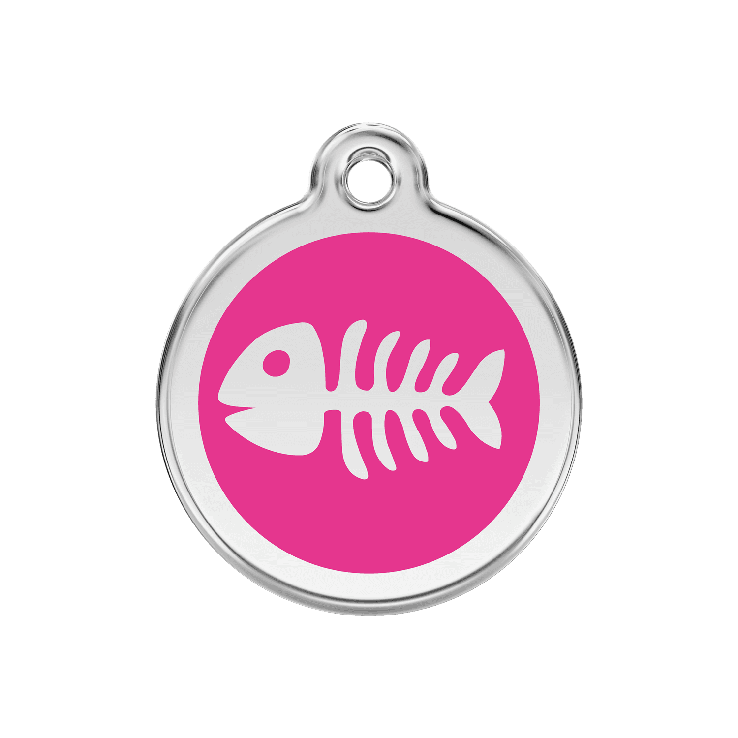 Vue avant - Médaille personnalisable pour chien ou chat Red Dingo Émail et acier inoxydable Squelette de poisson Rose vif 30.00mm