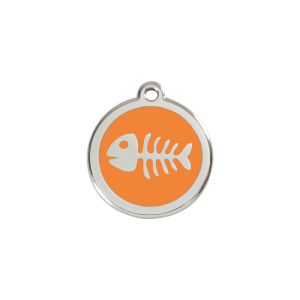 Placa para gato pequeña diseño espina de pez en esmalte naranja y acero inoxidable