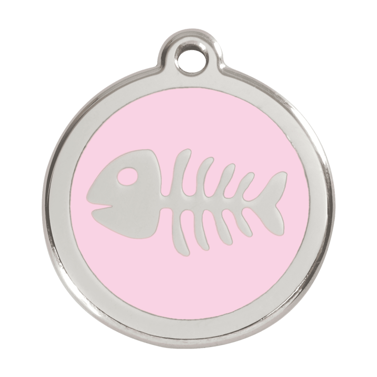 Vue avant - Médaille personnalisable pour chien Red Dingo Émail et acier inoxydable Squelette de poisson Rose - Talla L