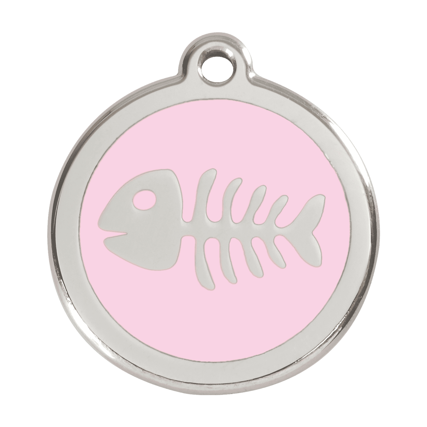 Vue avant - Médaille personnalisable pour chien Red Dingo Émail et acier inoxydable Squelette de poisson Rose - Talla L