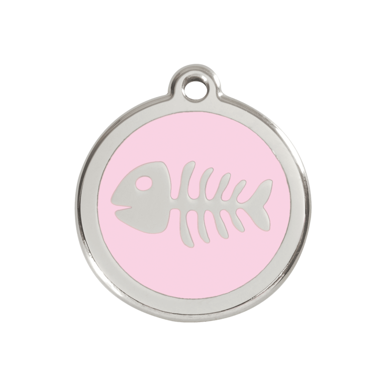 Vue avant - Médaille personnalisée pour chien/chat Red Dingo Émail et acier inoxydable - Squelette de poisson - Rose - Talla M