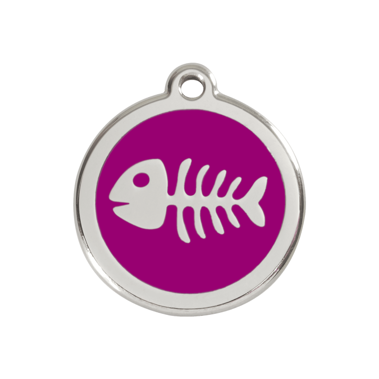 Vue avant - Médaille personnalisable pour chien Red Dingo Émail et acier inoxydable - Squelette de poisson violet - Talla M