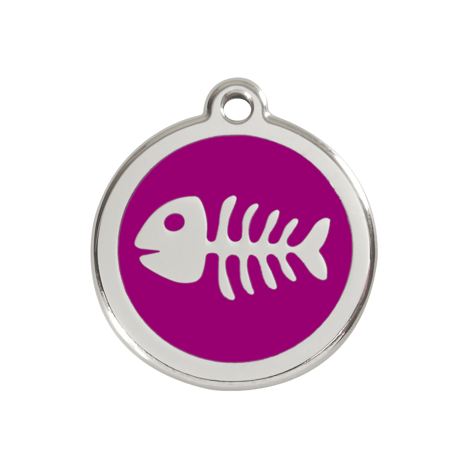 Vue avant - Médaille personnalisable pour chien Red Dingo Émail et acier inoxydable - Squelette de poisson violet - Talla M