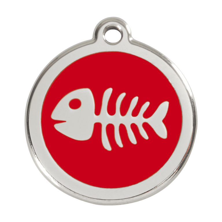 Vue avant - Médaille personnalisable Red Dingo Émail et acier inoxydable Squelette de poisson Rouge Talla L
