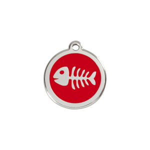 Placa para gato pequeña diseño espina de pez en esmalte rojo y acero inoxidable