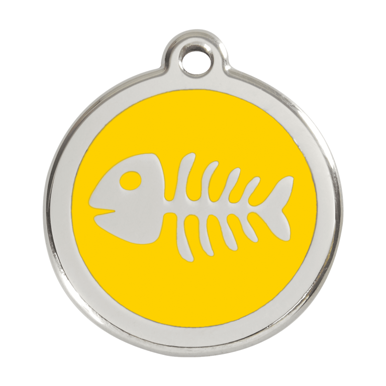 Vue avant - Médaille personnalisée pour chien Red Dingo Émail et acier inoxydable Squelette de poisson Jaune L
