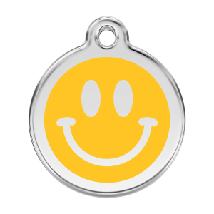 Placa para perro grande Smiley amarillo en esmalte y acero inoxidable