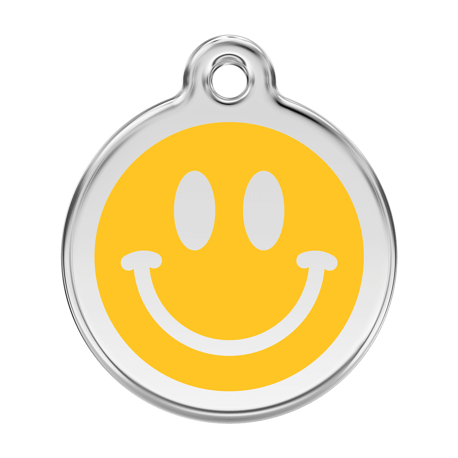 Vue avant - Médaille personnalisée pour chien Red Dingo Smiley jaune en émail et acier inoxydable - Talla L - Réf : 01-SM-YE-LG