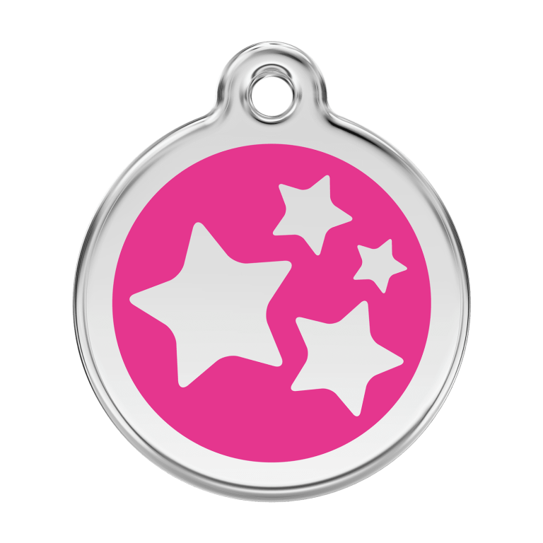 Vue avant - Médaille personnalisée pour chien Red Dingo Émail et acier inoxydable - Motif étoile - Rose vif - Talla L