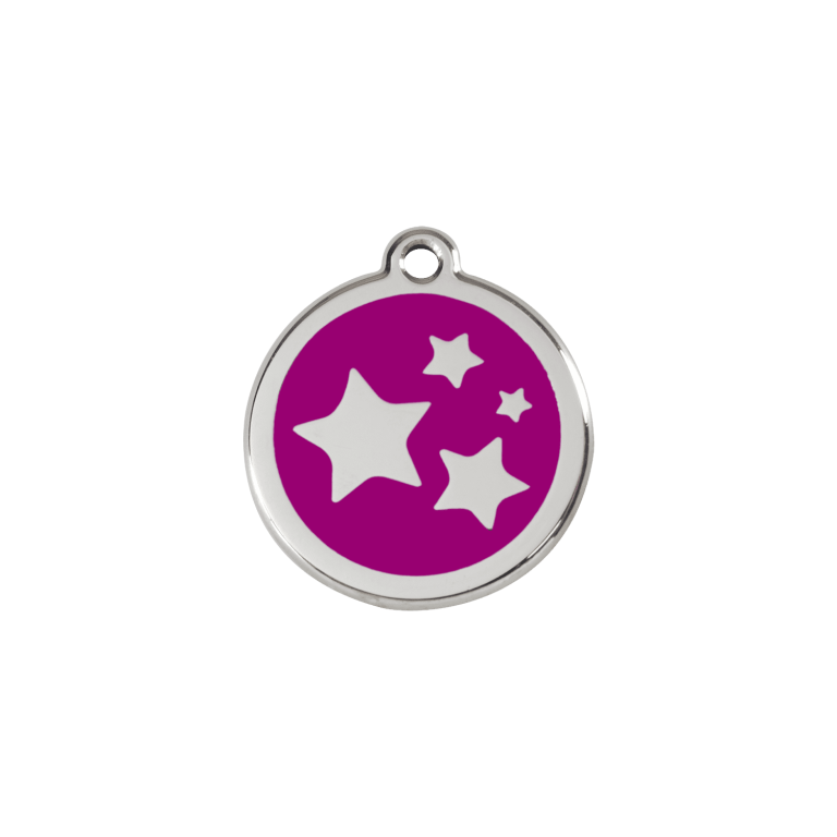 Vue avant - Médaille personnalisable pour chien/chat Red Dingo Émail et acier inoxydable - Motif étoile violet - Talla S