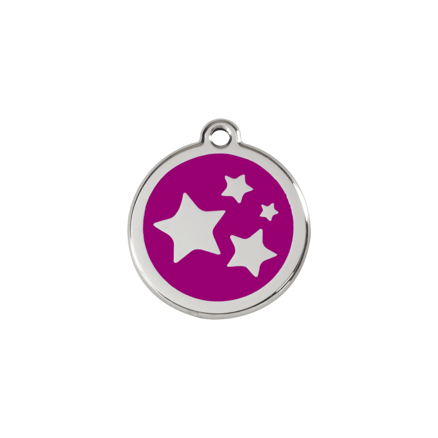 Vue avant - Médaille personnalisable pour chien/chat Red Dingo Émail et acier inoxydable - Motif étoile violet - Talla S