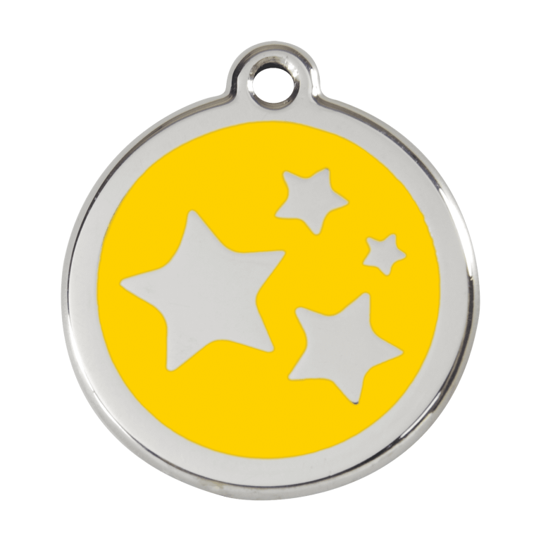 Vue avant - Médaille personnalisée pour chien ou chat - Red Dingo Émail et acier inoxydable - Motif étoile jaune - Talla L