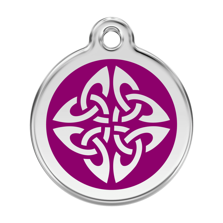 Vue avant - Médaille personnalisée pour chien Red Dingo Émail et acier inoxydable - Flèches tribales violettes - Talla L