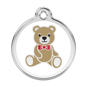 Placa para perro grande con oso de peluche blanco en esmalte y acero inoxidable