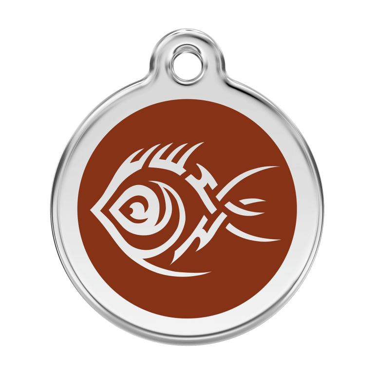 Vue avant - Médaille personnalisée pour chien Red Dingo Émail et acier inoxydable Poisson tribal Brun - Talla L