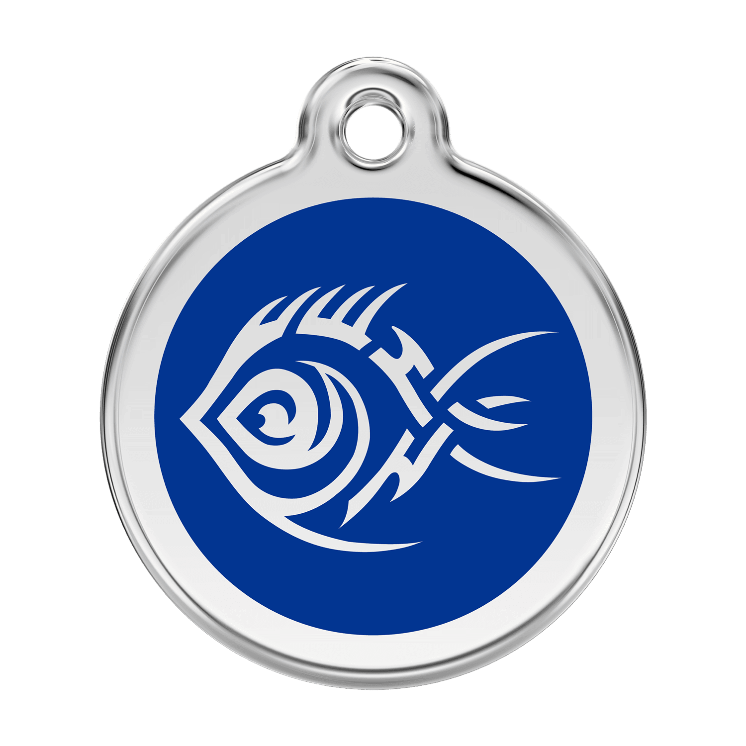 Vue avant - Médaille personnalisée pour chien Red Dingo Émail et acier inoxydable Poisson tribal Bleu foncé - Talla L