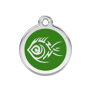 Placa para perro mediana Pez tribal verde en esmalte y acero inoxidable