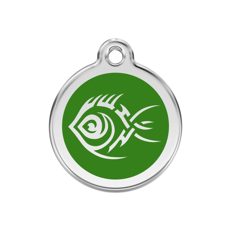 Vue avant - Médaille personnalisée pour chien/chat Red Dingo Émail et acier inoxydable - Motif Poisson tribal - Vert - Talla M