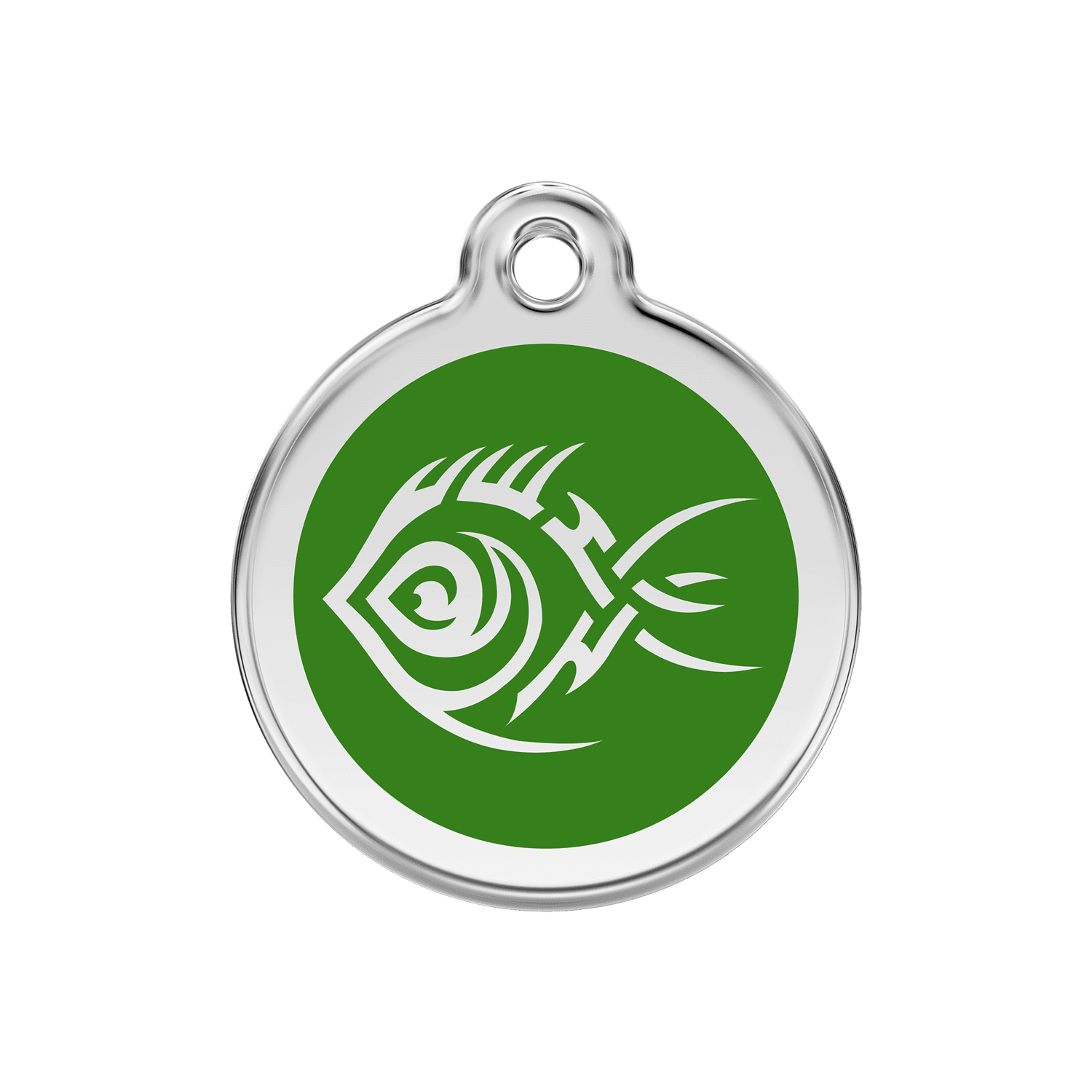 Vue avant - Médaille personnalisée pour chien/chat Red Dingo Émail et acier inoxydable - Motif Poisson tribal - Vert - Talla M