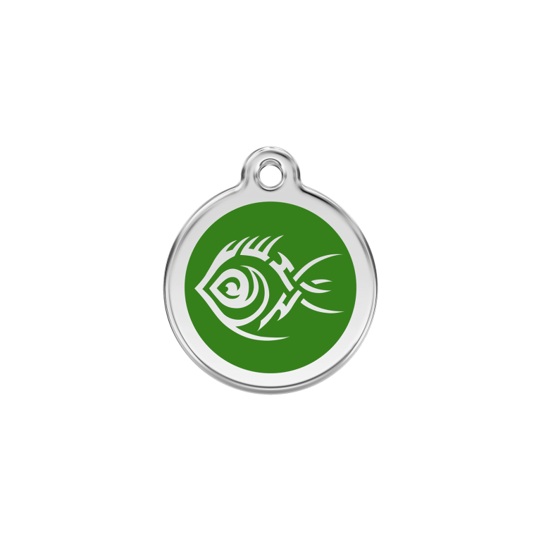 Vue avant - Médaille personnalisée pour chien/chat Red Dingo Émail et acier inoxydable - Poisson tribal - Vert - Talla S