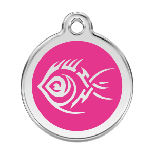 Placa para perro grande Pez tribal en esmalte rosa fuerte y acero inoxidable