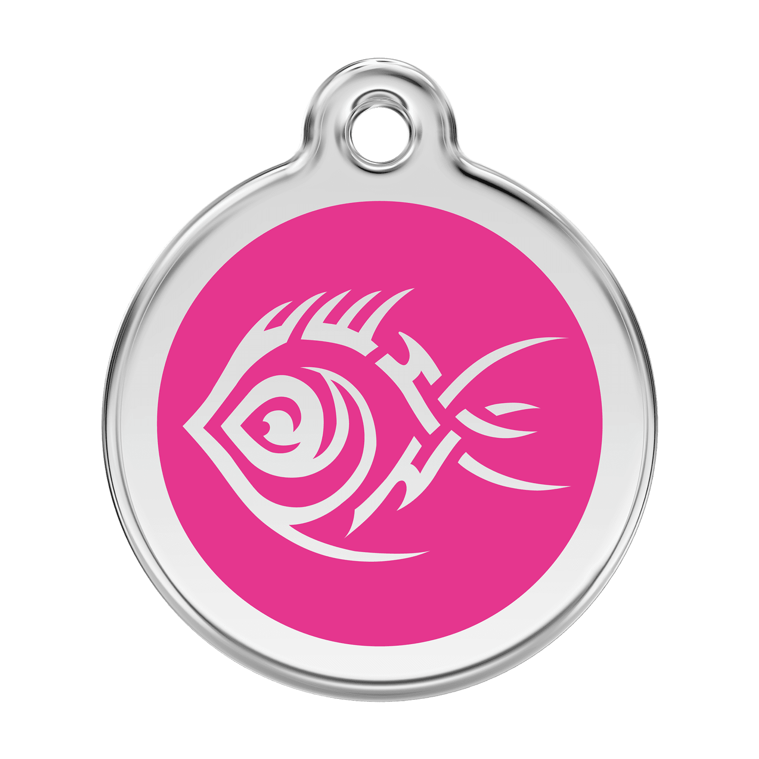 Vue avant - Médaille personnalisée pour chien Red Dingo Émail et acier inoxydable Poisson tribal Rose vif - Talla L