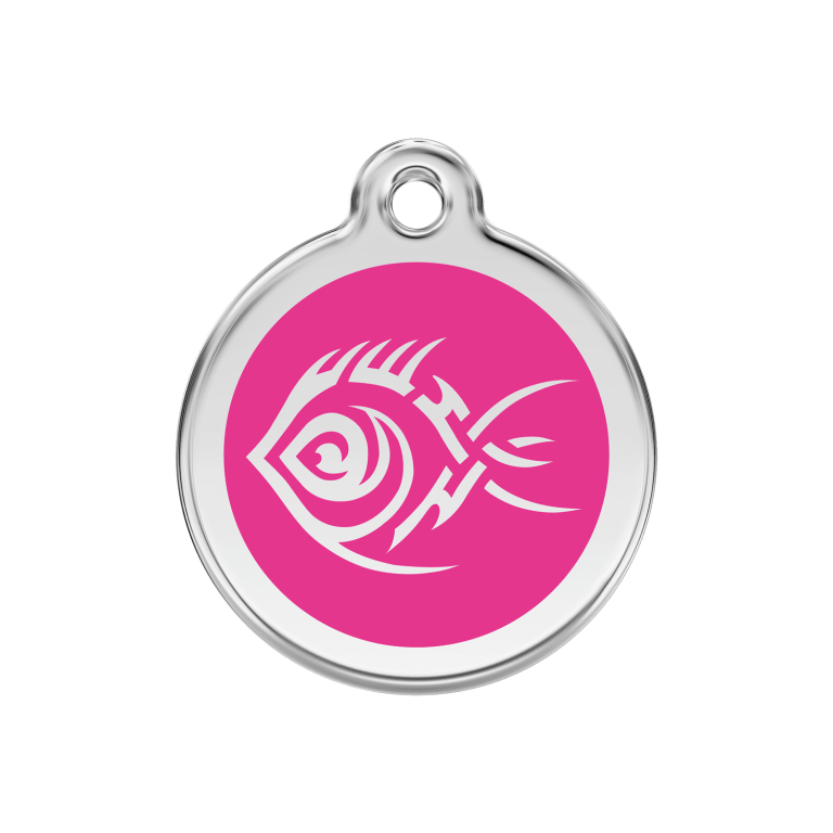 Vue avant - Médaille personnalisée pour chien Red Dingo Émail et acier inoxydable motif poisson tribal rose vif - Talla M