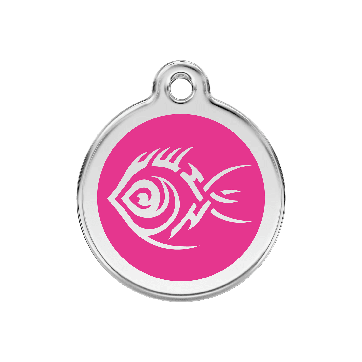 Vue avant - Médaille personnalisée pour chien Red Dingo Émail et acier inoxydable motif poisson tribal rose vif - Talla M