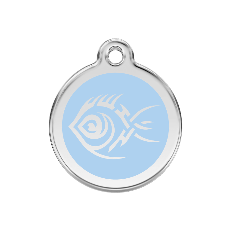 Vue avant - Médaille personnalisée pour chien Red Dingo Émail et acier inoxydable - Poisson tribal - Bleu clair - Talla M