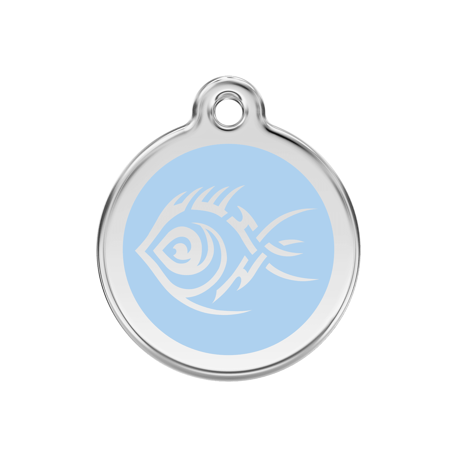 Vue avant - Médaille personnalisée pour chien Red Dingo Émail et acier inoxydable - Poisson tribal - Bleu clair - Talla M