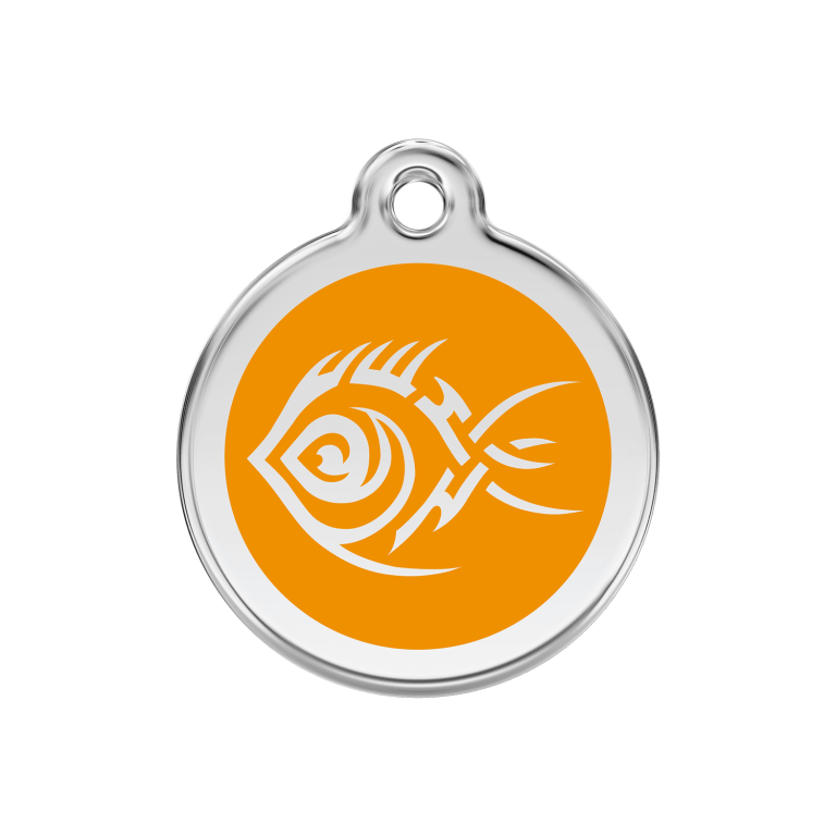 Vue avant - Médaille personnalisée pour chien Red Dingo Émail et acier inoxydable motif poisson tribal orange - Talla M