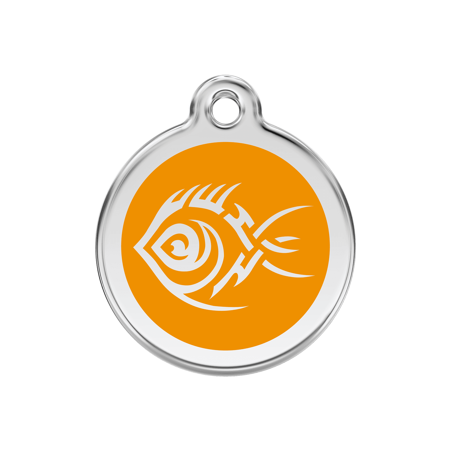 Vue avant - Médaille personnalisée pour chien Red Dingo Émail et acier inoxydable motif poisson tribal orange - Talla M