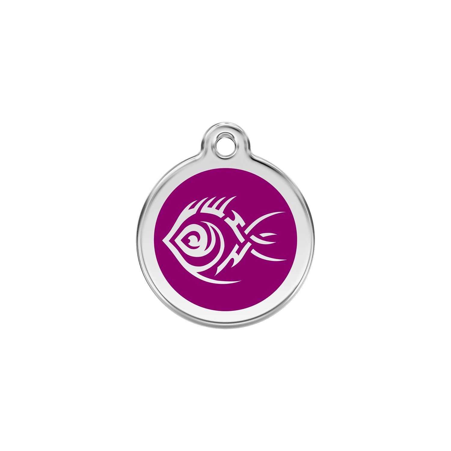 Vue avant - Médaille personnalisée pour chat Red Dingo Émail et acier inoxydable - Motif Poisson tribal - Violet - Talla S