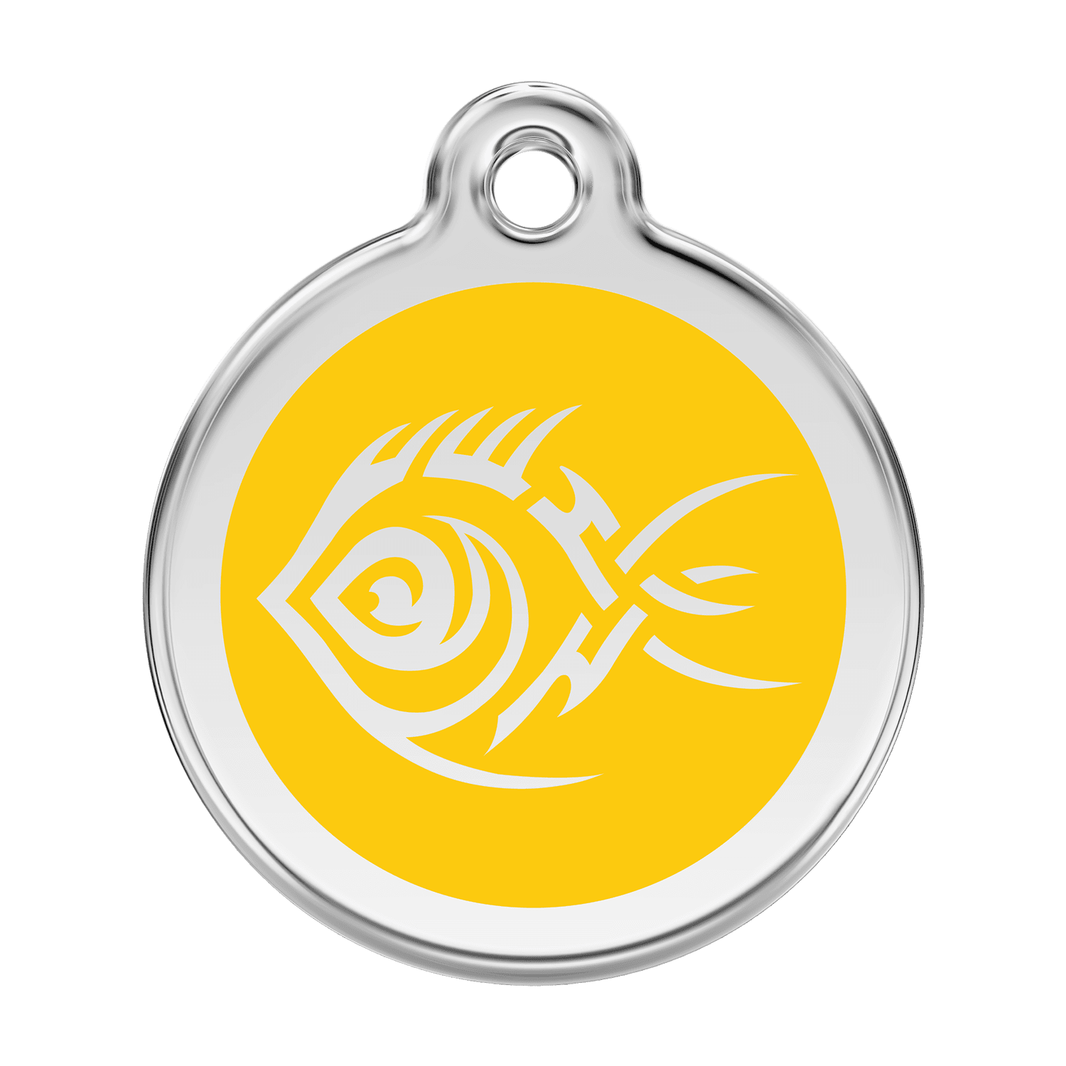 Vue avant - Médaille personnalisée pour chien Red Dingo Émail et acier inoxydable - Poisson tribal Jaune - Talla L