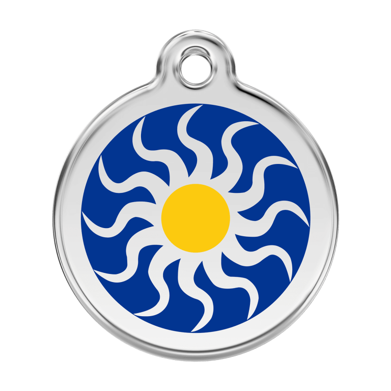 Vue avant - Médaille personnalisée pour chien Red Dingo Émail et acier inoxydable - Soleil tribal - Bleu foncé - Talla L