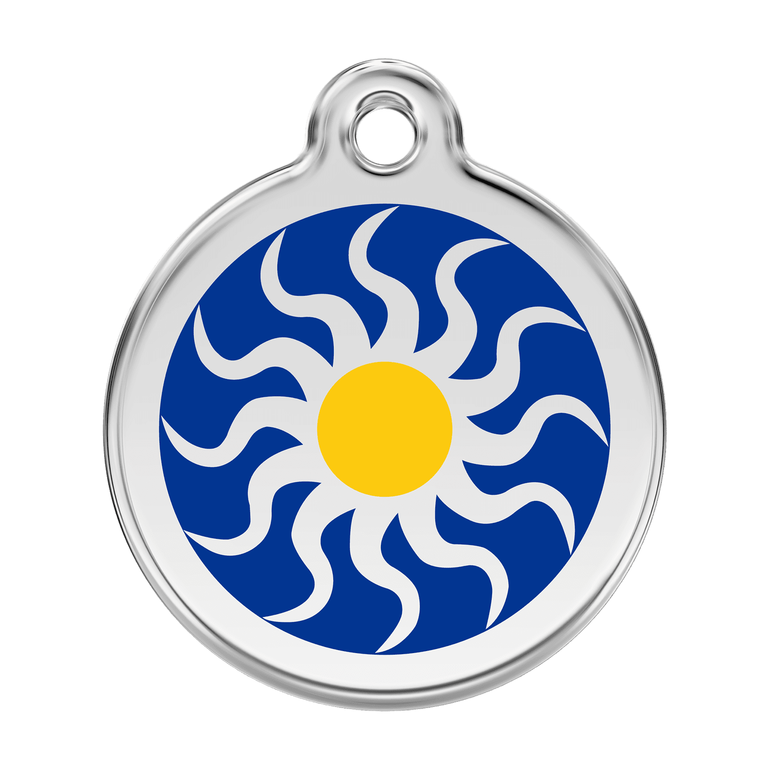 Vue avant - Médaille personnalisée pour chien Red Dingo Émail et acier inoxydable - Soleil tribal - Bleu foncé - Talla L