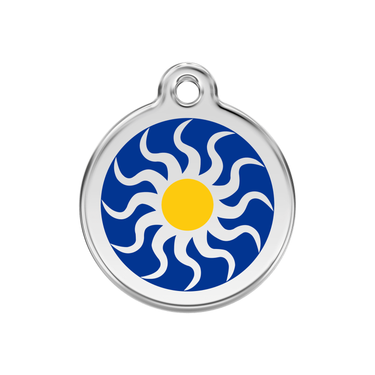 Vue avant - Médaille personnalisée pour chien/chat Red Dingo Émail/Acier inoxydable Soleil Tribal Bleu foncé - Talla M