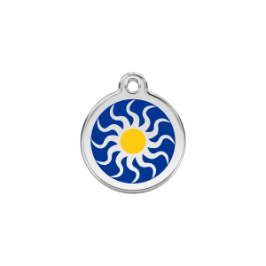 Placa para gato pequeña con sol tribal azul oscuro en esmalte y acero inoxidable