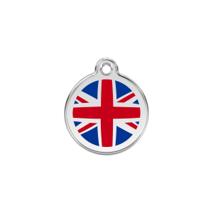 Placa para gato pequeña con bandera británica azul oscuro en esmalte y acero inoxidable