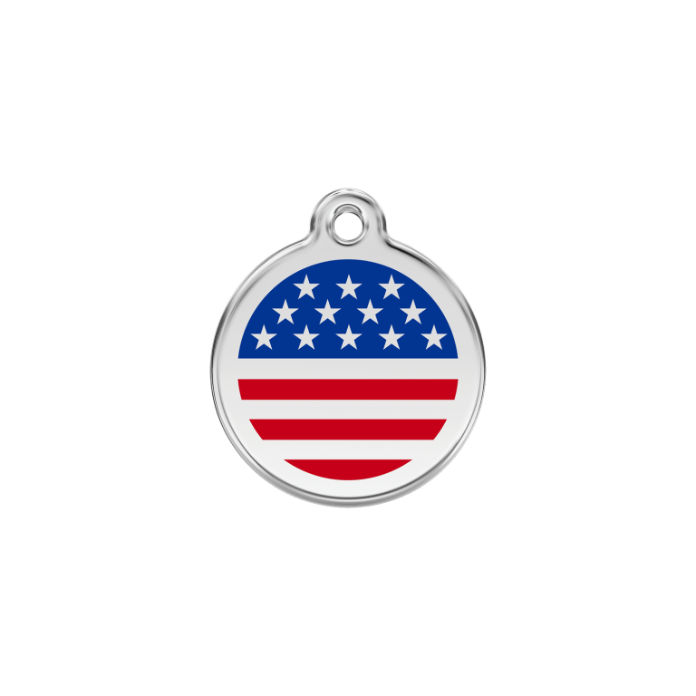 Vue avant - Médaille personnalisée pour chien ou chat - Red Dingo - Drapeau américain - Talla S - Bleu foncé
