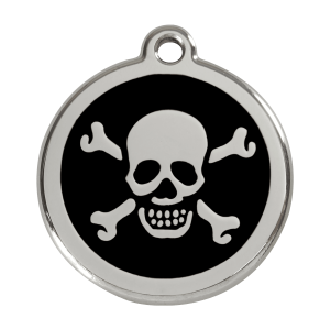 Placa para perro grande con calavera negra en esmalte y acero inoxidable