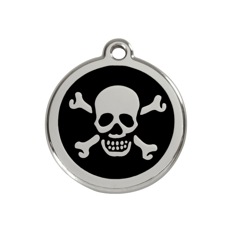 Vue avant - Médaille personnalisée pour chien Red Dingo Émail et acier inoxydable - Tête de mort noir - Talla M