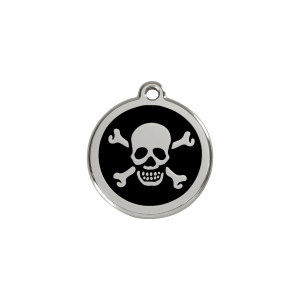 Placa para gato pequeña con diseño calavera en esmalte negro y acero inoxidable