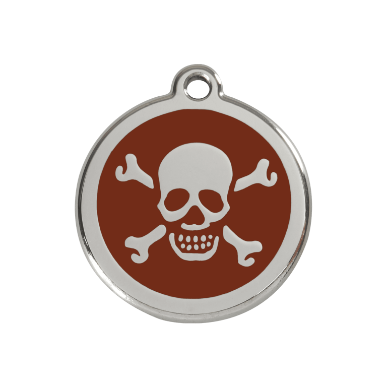 Vue avant - Médaille personnalisée pour chien Red Dingo en émail et acier inoxydable - Tête de mort brun - Talla M